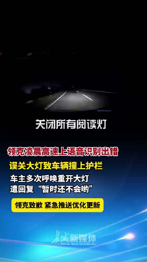 领克语音误关大灯致撞护栏，车主多次呼唤未果
