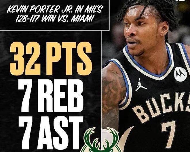 雄鹿灭热火9战7胜：波特32+7+7近15年队史唯二后卫 鲍威尔26分