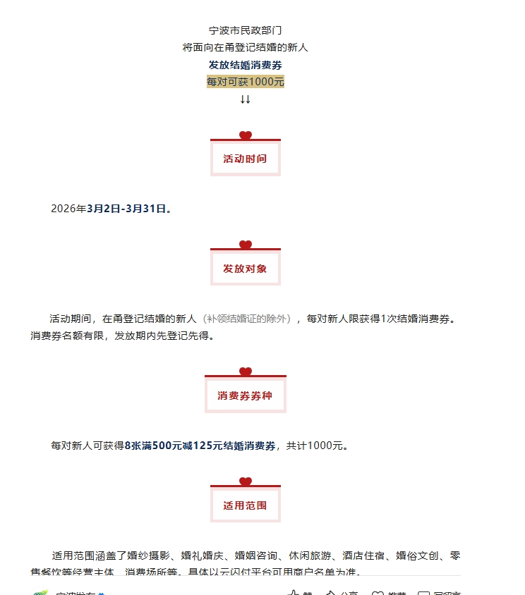 宁波向在甬登记结婚新人发放结婚消费券