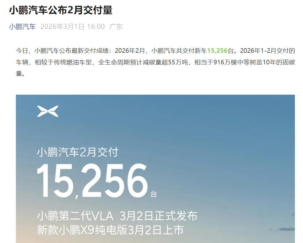 多车企公布2月交付量：蔚来、理想、小米、极氪、零跑均超2万辆