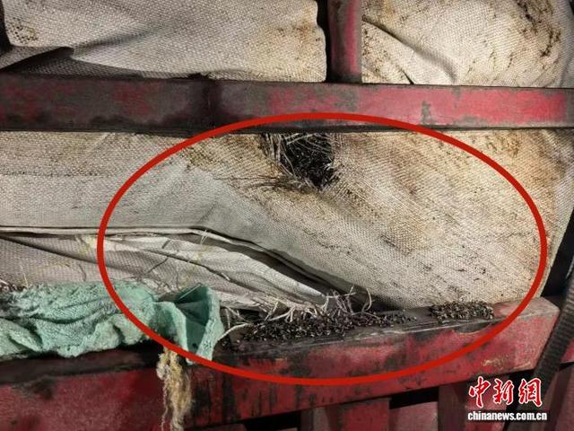 货车所载货物尼龙袋破损致铁屑遗撒。 高速交警供图