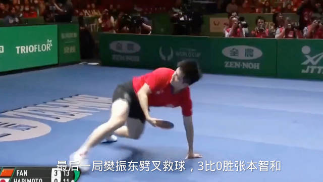 樊振东救球劈叉获胜后补庆祝