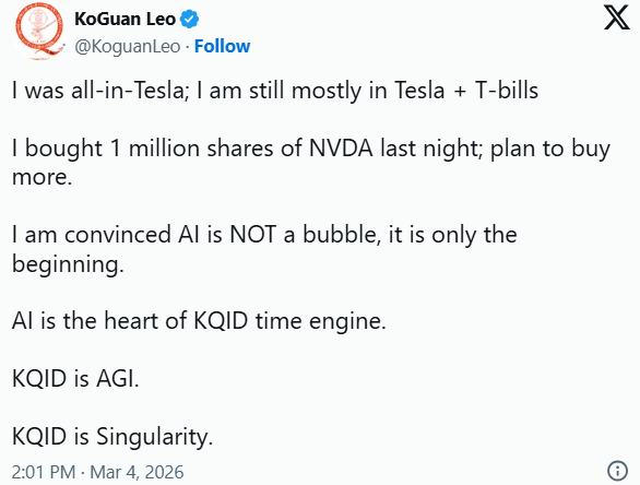 “特斯拉铁粉”股东大举购入100万股英伟达(NVDA.US)，力挺AI非泡沫！
