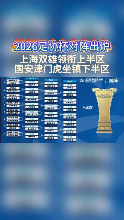 足协杯抽签出炉，上海双雄领衔上半区，国安津门虎坐镇下半区