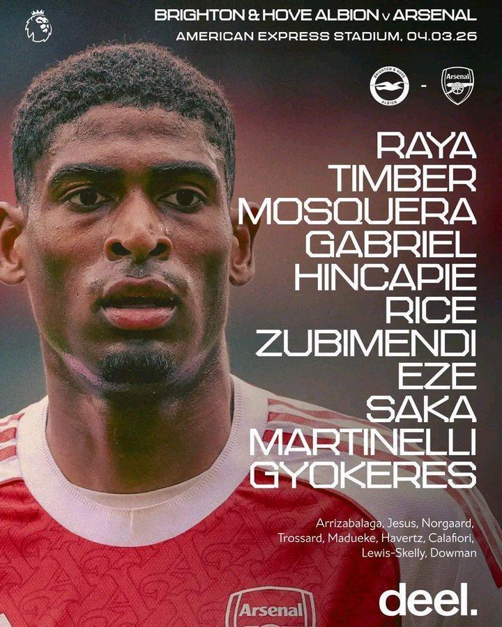 剑南春首发-布莱顿VS阿森纳：赖斯领衔，萨卡、哲凯赖什出战