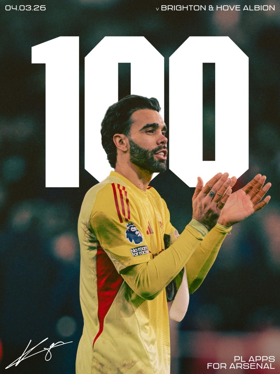 与萨卡同迎里程碑，本场为拉亚枪手生涯第100次英超出场