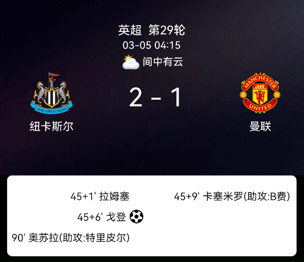 英超第29轮:奥苏拉绝杀 十人纽卡2-1曼联终结对手11轮不败_赛事快讯-足彩网