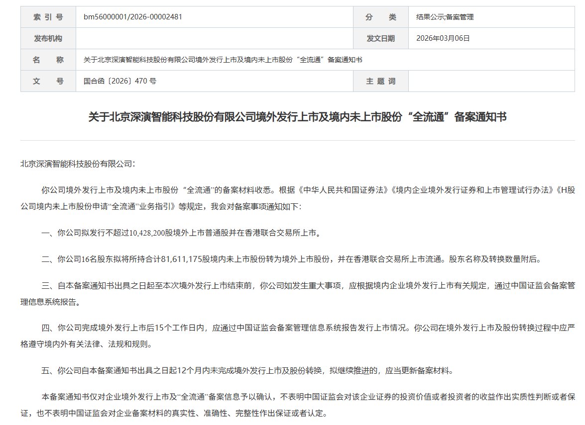 新股消息 | 深演智能港股IPO及境内未上市股份“全流通”获中国证监会备案
