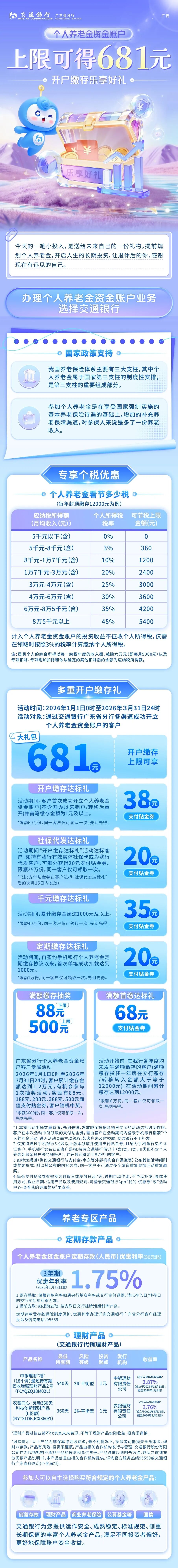 【好礼】上限可得681元,交行个人养老金资金账户开户缴存享好礼