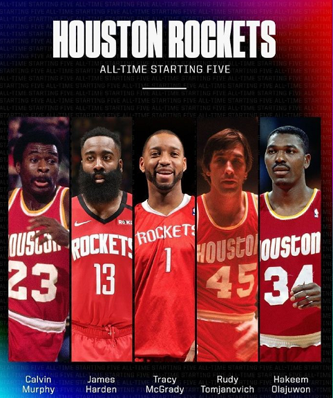 火箭队史最佳阵容:哈登麦迪领衔，姚明保罗落选，一位置引争议|保罗|哈基姆·阿卜杜尔·奥拉朱旺|哈登|姚明|火箭队|麦蒂