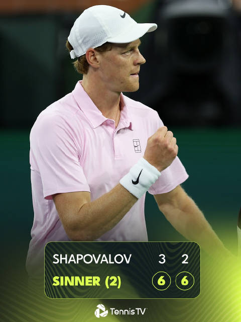 辛纳2比0胜沙波瓦洛夫，五进印第安维尔斯16强