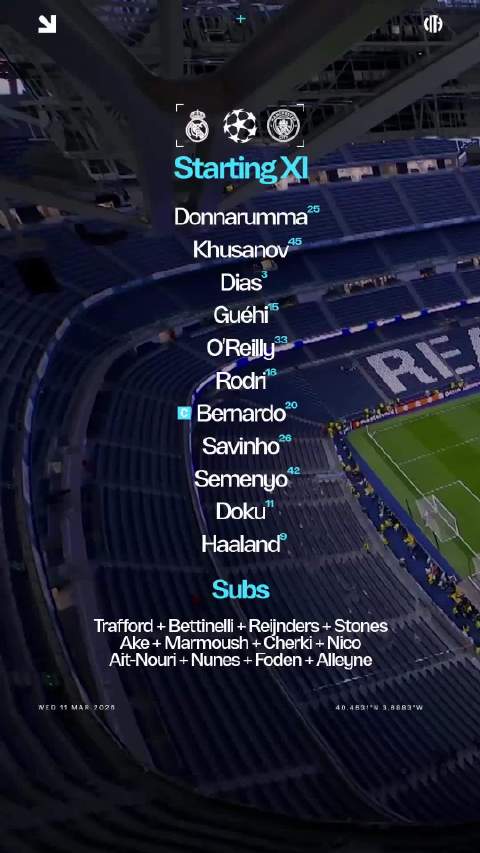 欧冠皇马vs曼城首发公布，4时开赛