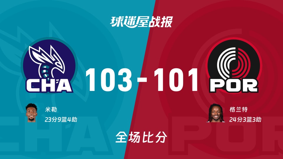 NBA黄蜂vs开拓者战报:103-101，米勒23+9+4 - 球迷屋