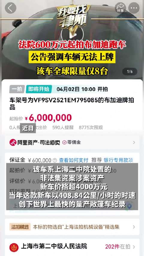 法院600万元起拍布加迪跑车，公告强调车辆无法上牌，该车全球限量仅8台