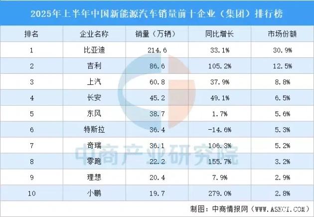 2025上半年中国新能源车销量TOP10揭晓