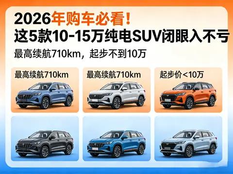 2026年购车必看!这5款10-15万纯电SUV闭眼入不亏,最高续航710km