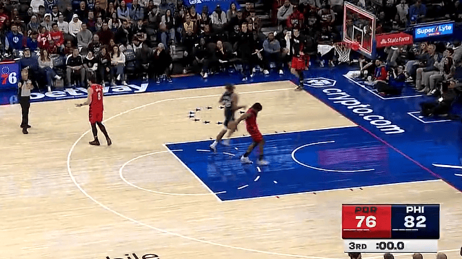 格兰特单节6中4得到11分，开拓者三节76-82落后76人