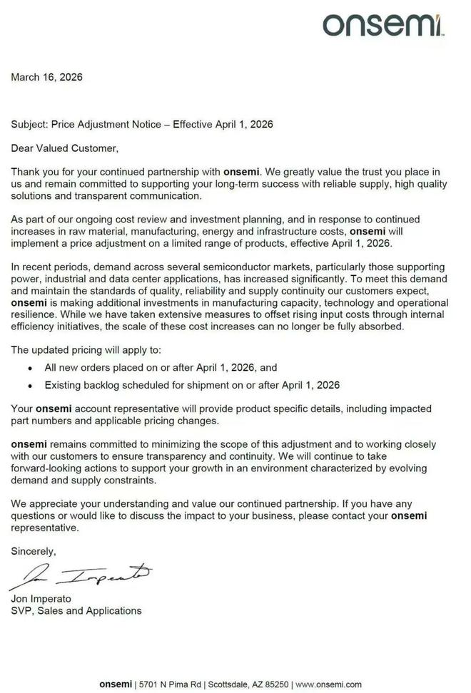 刚刚，传安森美发布涨价函！