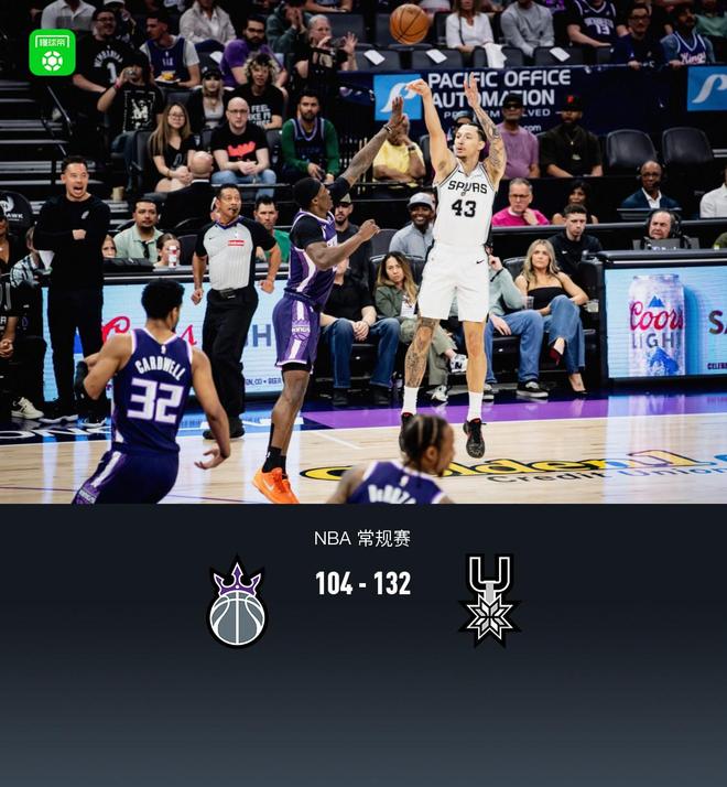 马刺132-104大胜国王，文班三节打卡，雷诺空砍32分