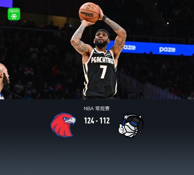 老鹰124-112魔术豪取10连胜，沃克41分，杰伦约翰逊三双，班凯罗13中3