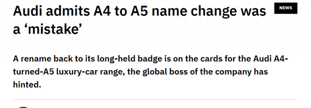 奥迪回应更名争议:A4改A5是错误，未来车型标识将尊重传统
