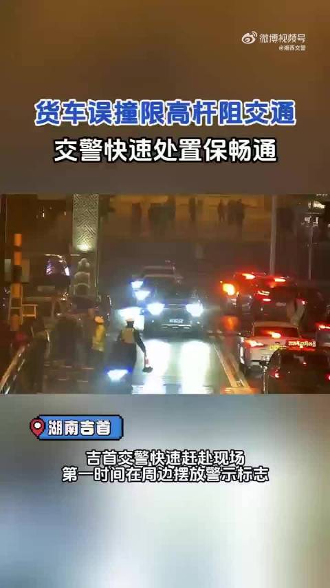 大货车撞断限高杆，交警及时处理