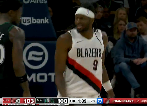 格兰特高难度三分投进砍下21分，开拓者1分半领先森林狼3分