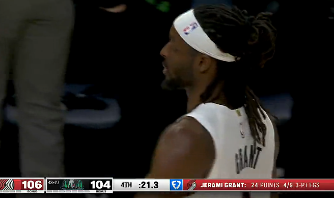 格兰特关键反超三分投进，开拓者还剩21秒领先森林狼2分