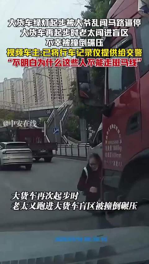 老太闯入大货车盲区遭碾压 过路车主提交记录仪