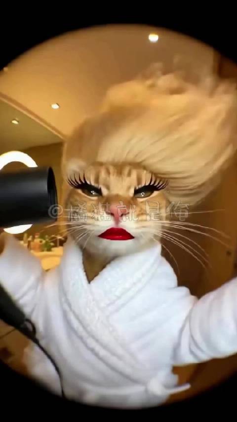 橘猫吹风机前灵魂演唱眼神霸气似巨星