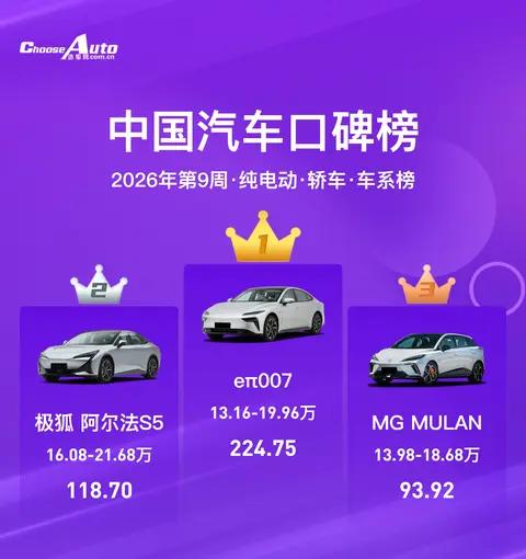 2026年第9周纯电口碑榜:从数据看消费者真实选择
