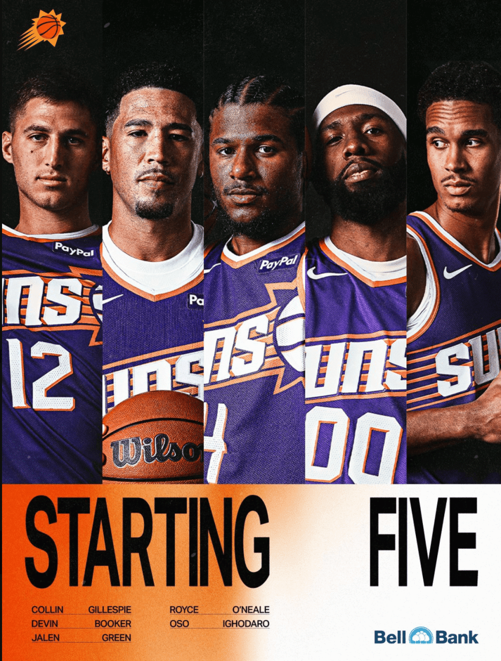 太阳首发：吉莱斯皮、布克、杰伦-格林、奥尼尔、伊戈达罗