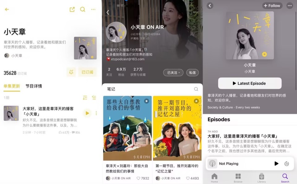章泽天个人播客上线!首期对话刘嘉玲,粉丝数近7万