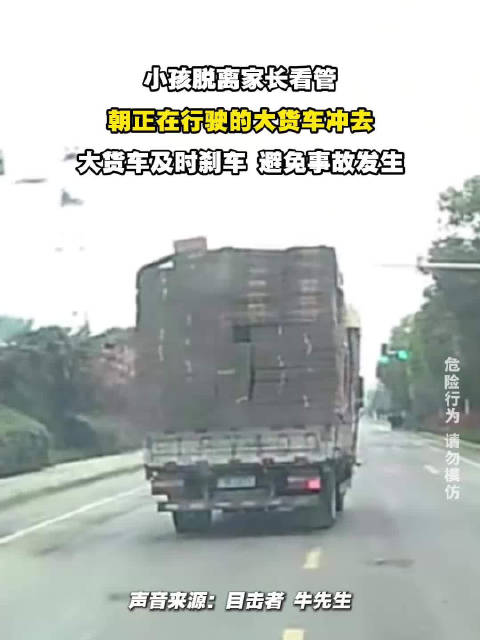 小孩脱离家长看管，朝正在行驶的大货车冲去，大货车及时刹车避免事故发生
