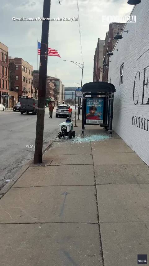 芝加哥一辆撞碎了候车亭玻璃并且努力逃跑的无人送货车