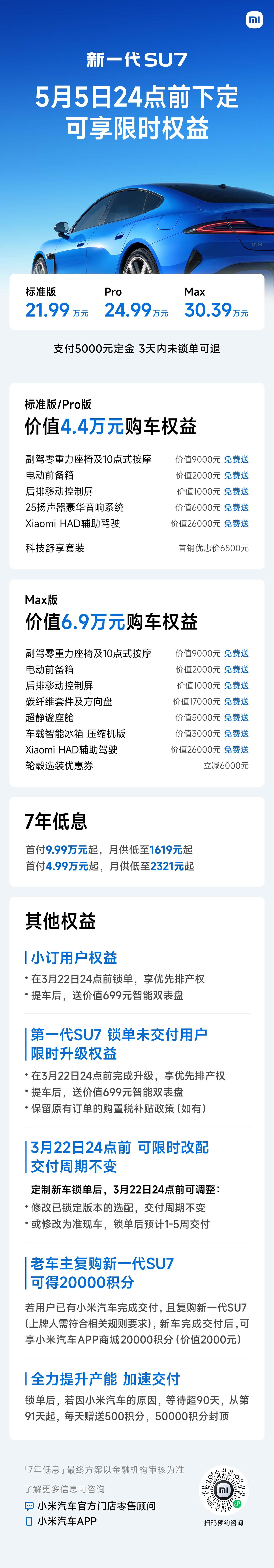 售价21.99万起,小米新一代SU7价格公布