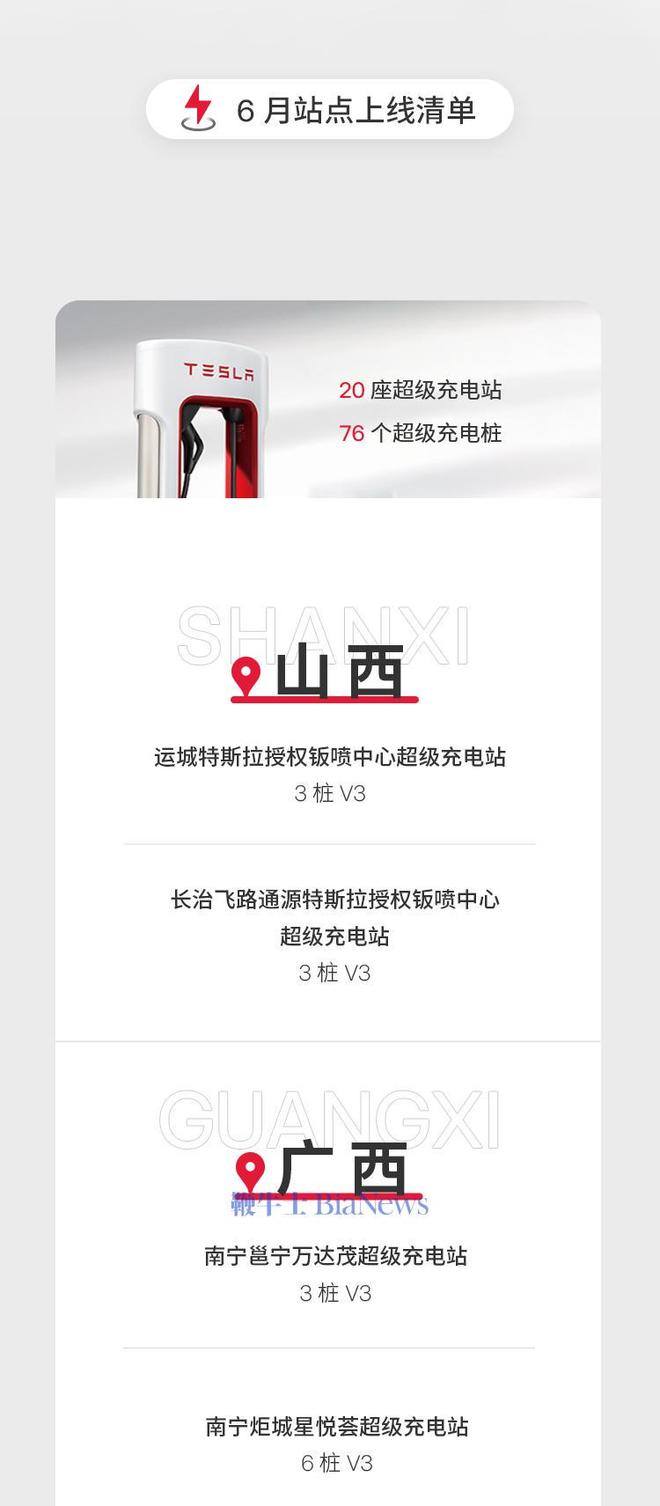 特斯拉中国6月新增20座超充站