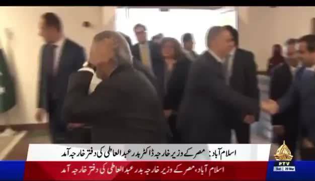 巴基斯坦外长伊沙克·达尔迎接来访的埃及外长时不慎滑倒