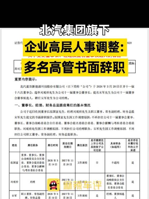 北汽旗下上市公司高层密集调整，北汽蓝谷董事长总经理辞职