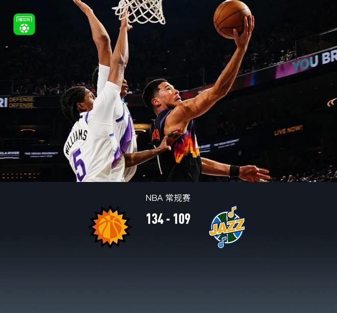 太阳134-109大胜爵士，格林31分，布克26+8，森萨博26分