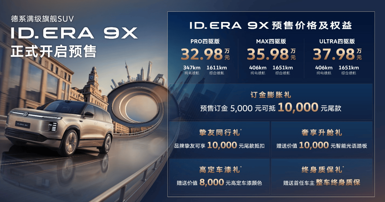 预售32.98万起!上汽大众ID.ERA 9X满配亮相,剑指重塑增程SUV格局