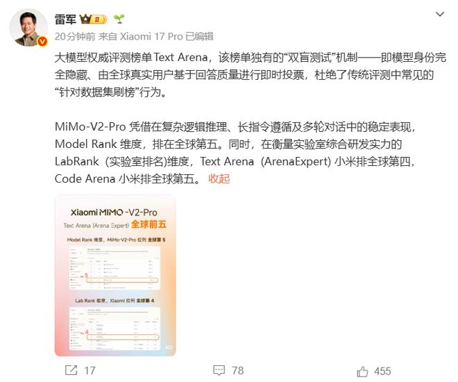 小米大模型MiMo-V2-Pro全球第五，实验室综合研发实力全球前四