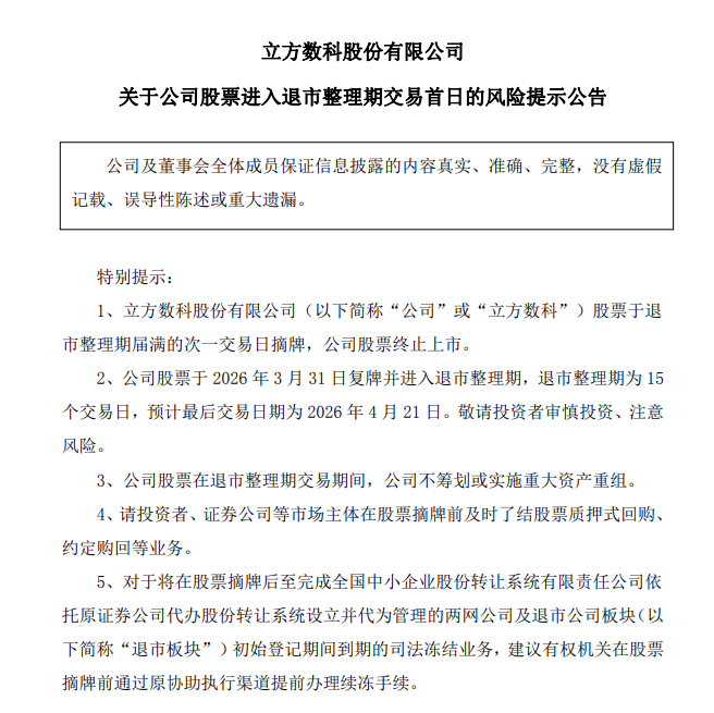 *ST立方：公司股票明起复牌并进入退市整理期