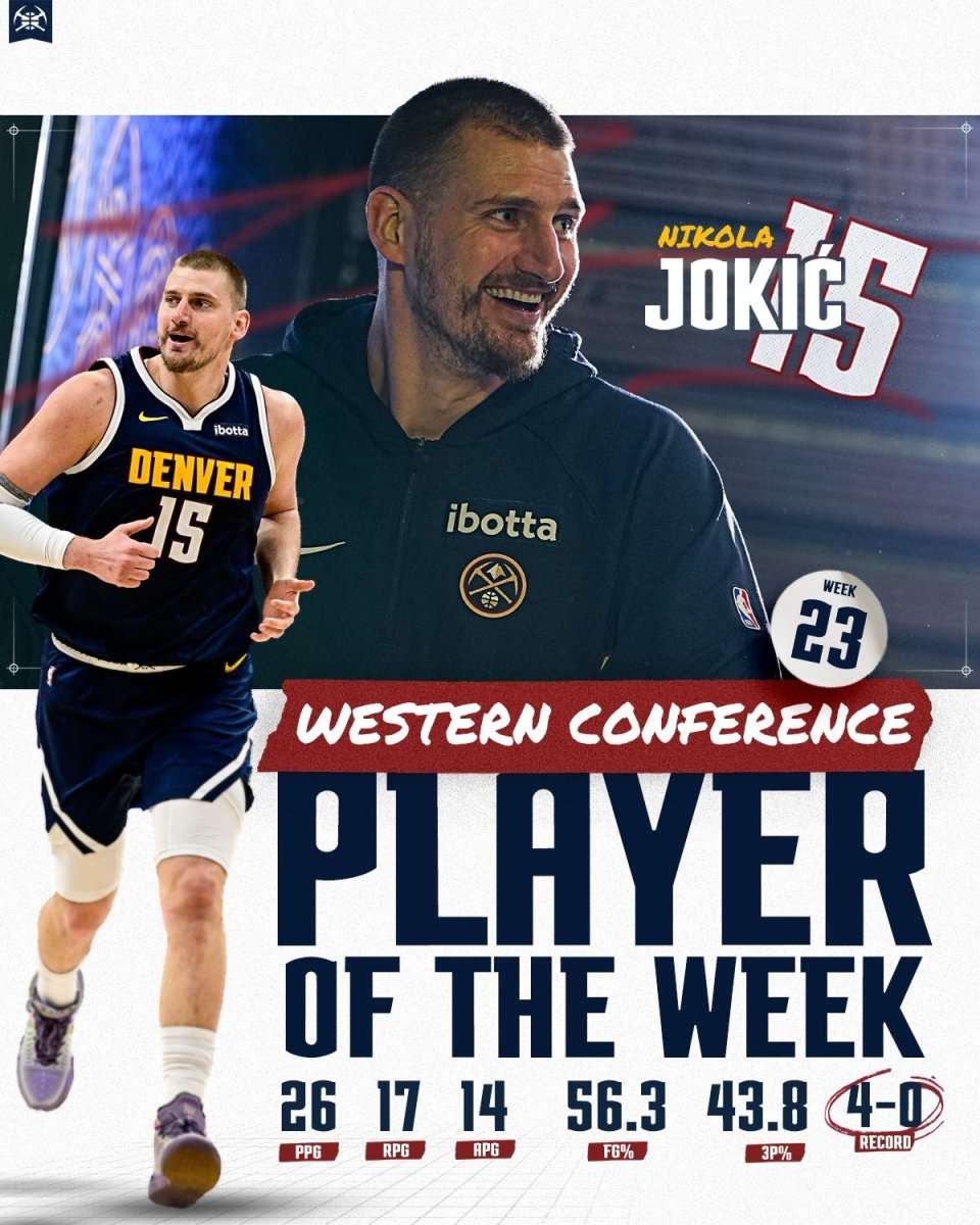 掘金官方：恭喜约基奇生涯第20次当选周最佳球员！