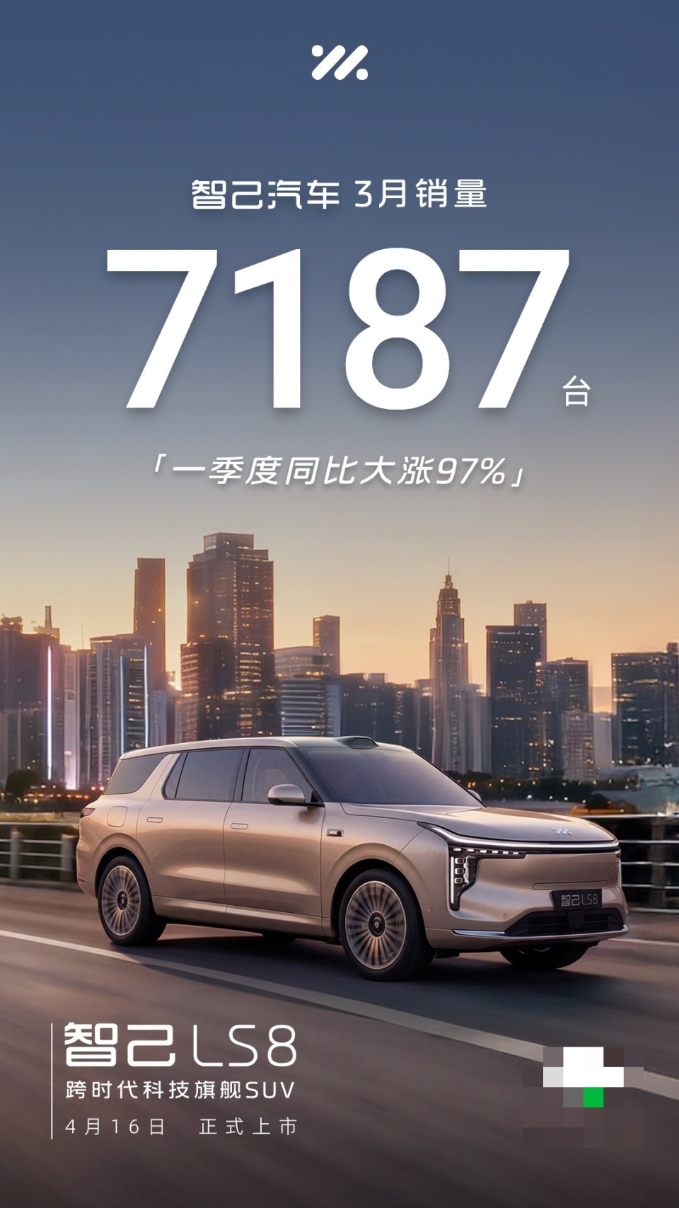 智己汽车 3 月销量 7187 辆，今年一季度同比大涨 97%_新闻
