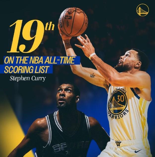 迎来里程碑，库里NBA生涯总得分超越邓肯&升至历史第19位