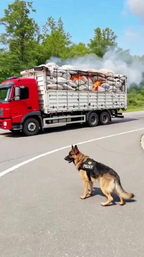 警犬发现卡车着火，立马向司机预警