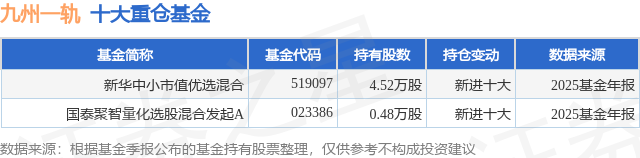 4月13日九州一轨涨9.38%，新华中小市值优选混合基金重仓该股