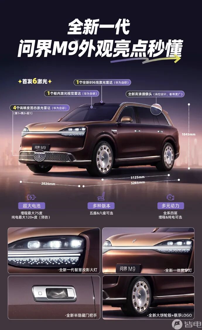 鸿蒙智行首搭6激光雷达/全主动悬架车型!新款问界M9官图发布