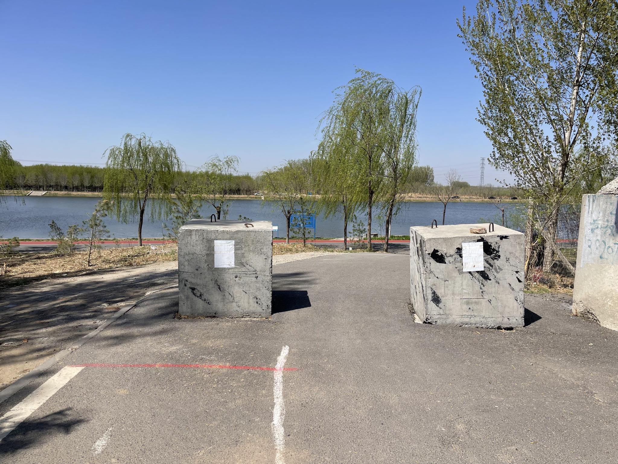 限寬墩形同虛設，有車輛擦著左側墩子邊緣、軋著綠化帶開了過去。新京報記者 吳婷婷 攝